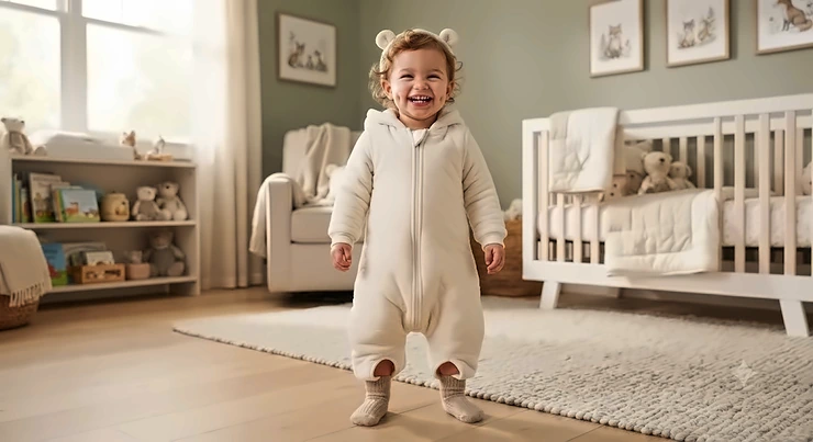 A happy toddler wearing a cozy walking sleep sack with foot openings, standing in a nursery.