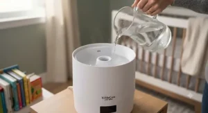Close-up of a top-fill smart humidifier for nursery being easily refilled with water.
