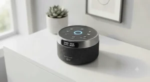 An alexa compatible sound machine showcased on a clean white surface with sleek modern buttons.