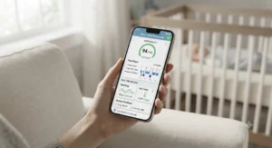 Smartphone screen displaying the Wi-Fi sleep sack monitor app dashboard with sleep quality and temperature tracking