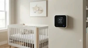 A Wi-Fi enabled smart nursery thermostat installed on the wall near a modern baby crib.