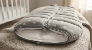 Close-up of the smooth two-way zipper on a 3.5 TOG winter sleep bag for easy diaper changes.