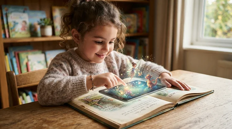 A hands-on learning station demonstrating an ar storybook vs traditional picture book for kids experience.