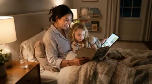 A parent reading an ar storybook vs traditional picture book for kids at bedtime in a child's bedroom.