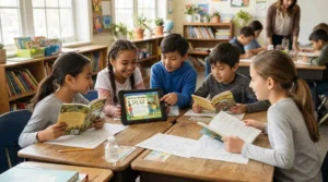 Students exploring an ar storybook vs traditional picture book for kids activity on desks in a bright American classroom.