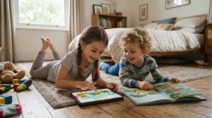Young siblings looking at an ar storybook vs traditional picture book for kids layout on the floor.