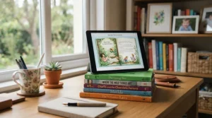 A homeschooling space featuring an ar storybook vs traditional picture book for kids learning station.