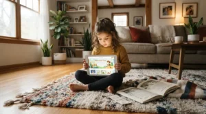 An ar storybook vs traditional picture book for kids comparison on a living room rug, showing a tablet next to a printed book.