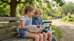 Children discussing an ar storybook vs traditional picture book for kids project on a sunny park bench.
