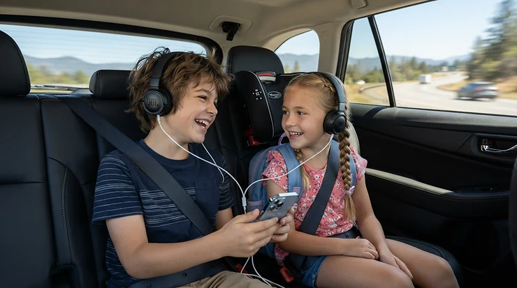 Siblings sharing headphones for audio books for kids road trips on a cross-country journey