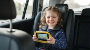 A young child smiling with a portable story device for audio books for kids road trips