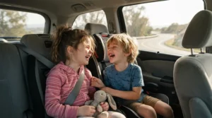 Kids enjoying screen-free entertainment with audio books for kids road trips in a minivan