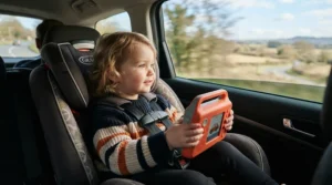 A toddler holding a screen-free audio player during audio books for kids road trips in the back seat