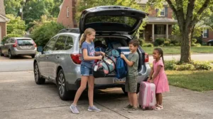 Children packing bags and getting into a car for vacation audio books for kids road trips