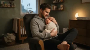 A proud father rocking his baby who is wearing a soft baby development tracking wearable band.