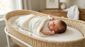 A sleeping infant resting peacefully while wearing a comfortable baby development tracking wearable sock.