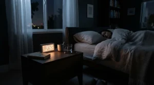 A glowing bedside monitor showing vital stats from a baby development tracking wearable during a quiet night.