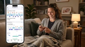 A smiling mother using a smartphone app connected to her baby development tracking wearable in the living room.