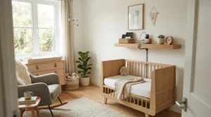A modern smart nursery setup featuring a charging dock for a baby development tracking wearable on a shelf.