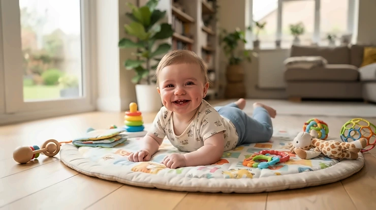 An active infant during tummy time wearing a lightweight baby development tracking wearable band.