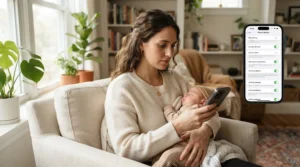 A mother reviewing cloud storage security settings on her phone while holding her infant, a key factor when considering a baby milestone tracker device vs app.