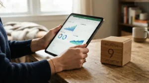 A caregiver pressing a physical button on a dedicated tracking gadget while using a smartphone app simultaneously for baby milestone tracker device vs app evaluation.