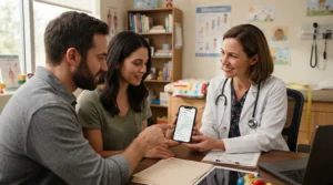 Parents discussing developmental growth charts on a mobile software program during a pediatrician appointment, typical of the baby milestone tracker device vs app research.