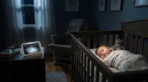 A glowing bedside smart monitor capturing infant sleep patterns, a core feature analyzed in any baby milestone tracker device vs app review.