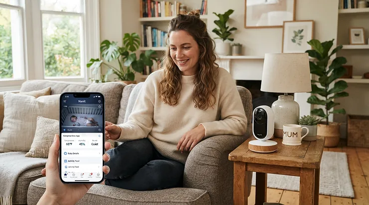 A parent comparing a smart milestone tracking gadget to a mobile software interface on a smartphone in a bright living room, highlighting the baby milestone tracker device vs app debate.