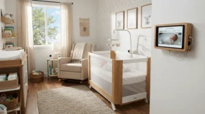 An automated nursery room featuring various baby wearables and a wall-mounted monitor, demonstrating aspects of the baby milestone tracker device vs app topic.