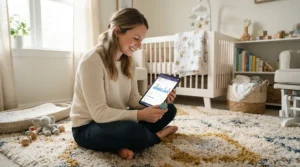 Close-up of a wearable milestone tracker for babies on an infant's ankle next to an open tablet showing a development log, illustrating the baby milestone tracker device vs app choice.