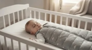 A baby safely sleeping while wearing a snug 3.5 TOG winter sleep bag.