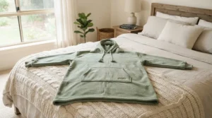 Lightweight GOTS certified sleep sack laid out on a neutral textured blanket