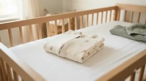 Breathable pesticide free sleep sack resting on a neatly made infant bed in a bright nursery.