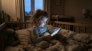 A toddler listening to an interactive story on a budget educational tablet for a 2 year old before bedtime.