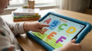Close-up of a budget educational tablet for a 2 year old displaying bright, interactive learning games.