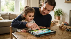 A father showing his toddler how to swipe on a budget educational tablet for a 2 year old.