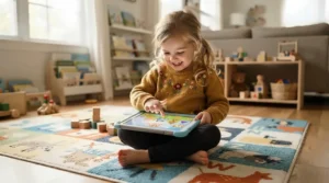 A toddler sitting comfortably on a living room rug interacting with a budget educational tablet for a 2 year old.