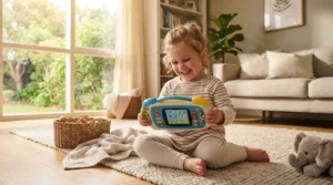 A toddler smiling while using a budget educational tablet for a 2 year old in a bright living room.