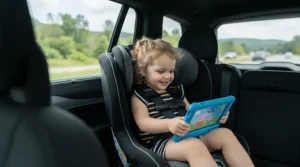 A child being kept entertained by a budget educational tablet for a 2 year old while in a car seat.