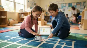 Two friends sharing a collaborative coding toy for kids ages 4-6 on a preschool carpet