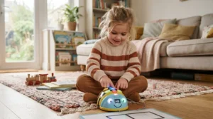 A child playing with an interactive coding toy for kids ages 4-6 at home