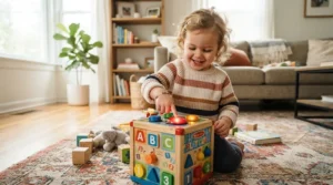A colorful coding toy for kids ages 4-6 being used on a living room rug during playtime.