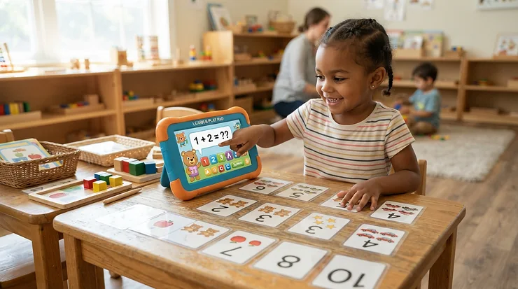 A hands-on coding toy for kids ages 4-6 displayed in a kindergarten activity center