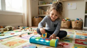 A colorful coding toy for kids ages 4-6 placed on a living room rug during playtime