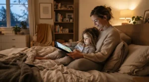 A parent and child sharing a quiet moment exploring a cognitive development tablet for toddlers in a cozy bedroom.