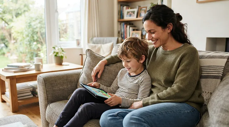 A toddler solving a logic challenge on a cognitive development tablet for toddlers beside a family member on the sofa.