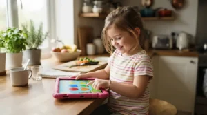 A young child explores shape matching apps on a cognitive development tablet for toddlers at the kitchen counter.