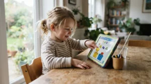 A young girl using a cognitive development tablet for toddlers to practice color sorting at the wooden table.