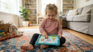 A smiling toddler plays a puzzle game on a cognitive development tablet for toddlers while sitting on a bright living room rug.